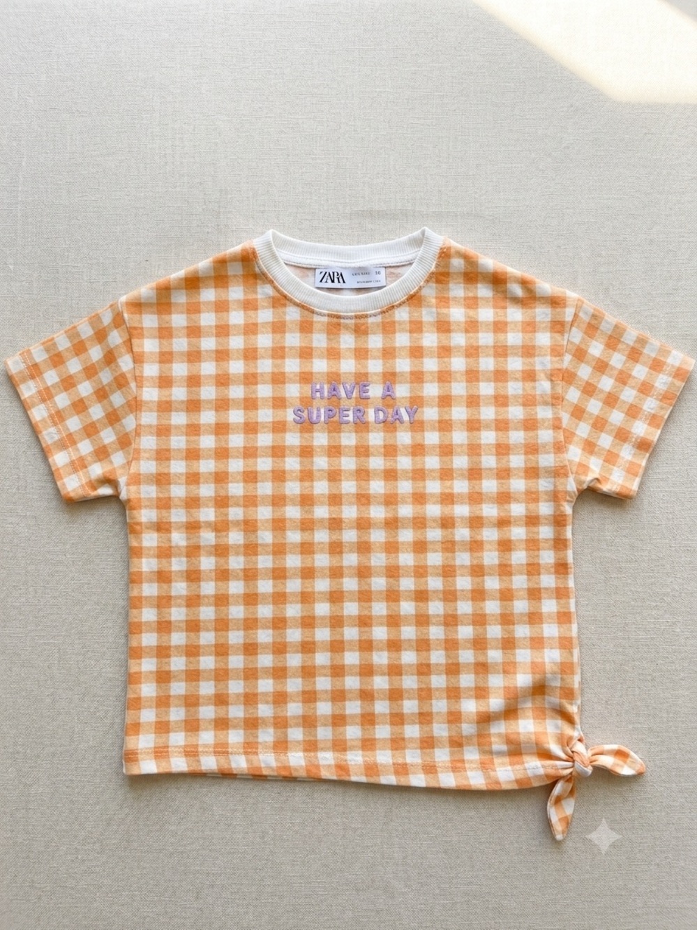 Zara Orange and White Gingham Tee with Knotted Side